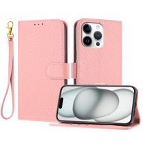Designed For iPhone 16 Pro Wallet Phone Case,Flip Folding Kickstand,Stylish Litchi PU Leather Design,With Card Slots,Wrist Strap,Shockproof Drop Proof Rugged Phone Case Cover,Pink