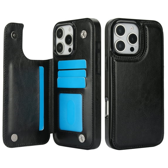 Designed for iPhone 16 Pro Wallet Phone Case,With Card Slots,PU Leather Back Folio Flip Kickstand,Double Magnetic Clasp and Durable Shockproof Rugged Anti-fall Phone Case,Black