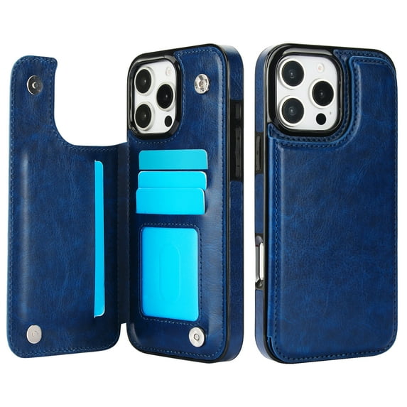 Designed for iPhone 16 Pro Wallet Phone Case,With Card Slots,PU Leather Back Folio Flip Kickstand,Double Magnetic Clasp and Durable Shockproof Rugged Anti-fall Phone Case,Darkblue
