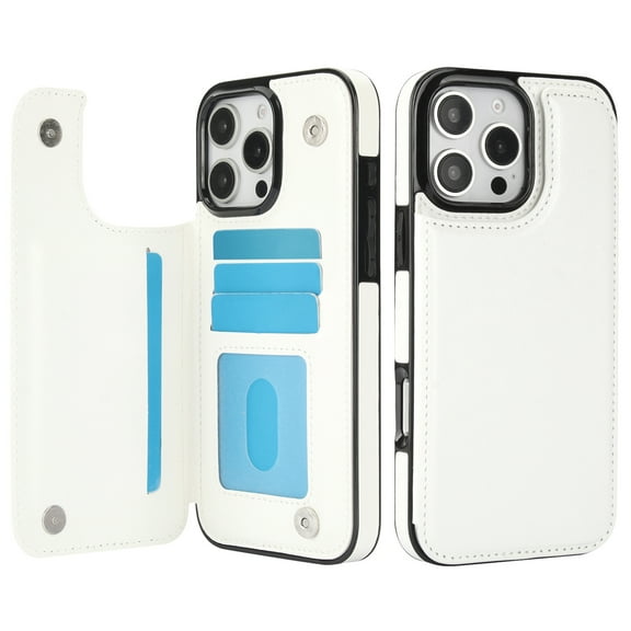 Designed for iPhone 16 Pro Wallet Phone Case,With Card Slots,PU Leather Back Folio Flip Kickstand,Double Magnetic Clasp and Durable Shockproof Rugged Anti-fall Phone Case,White