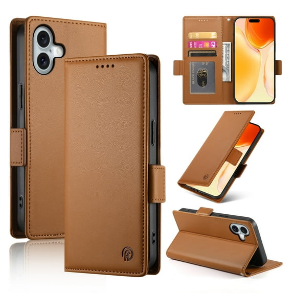Designed for iPhone 16 Wallet Case, with Card Slots Strong Magnetic Closure PU Leather Flip Fold Shockproof Kickstand Durable Purse Flip Case for iPhone 16 - Brown