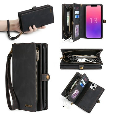 Designed for iPhone 16 Zipper Pocket Case with RFID Blocking Card Holder,Detachable Wallet Magnetic Multifunctional Phone Case Flip Kickstand PU Leather with Wrist Strap for Women/Men,Black