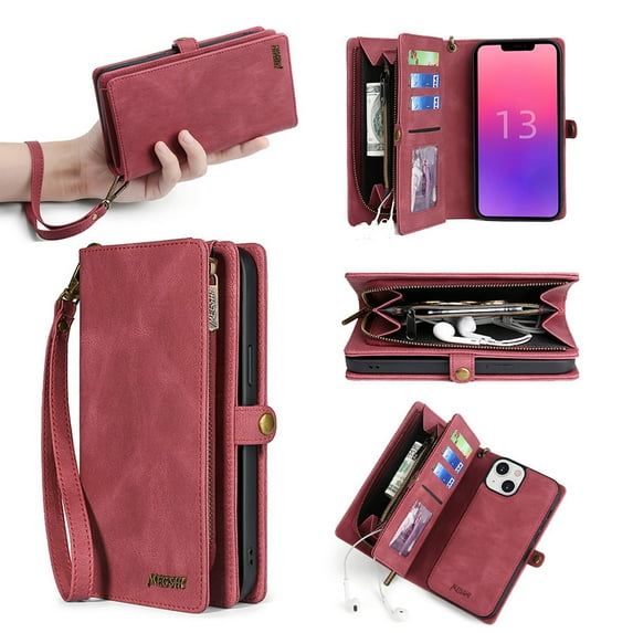 Designed for iPhone 16 Zipper Pocket Case with RFID Blocking Card Holder,Detachable Wallet Magnetic Multifunctional Phone Case Flip Kickstand PU Leather with Wrist Strap for Women/Men,Red