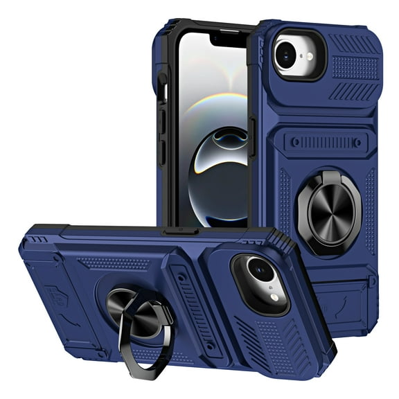 Designed for iPhone 16e Card Holder Case with 360°Rotatable Ring Holder Kickstand,2-Layer Heavy Duty Magnetic Car Mount Shockproof Rugged Hybrid Hard PC Soft Rubber Case,Blue