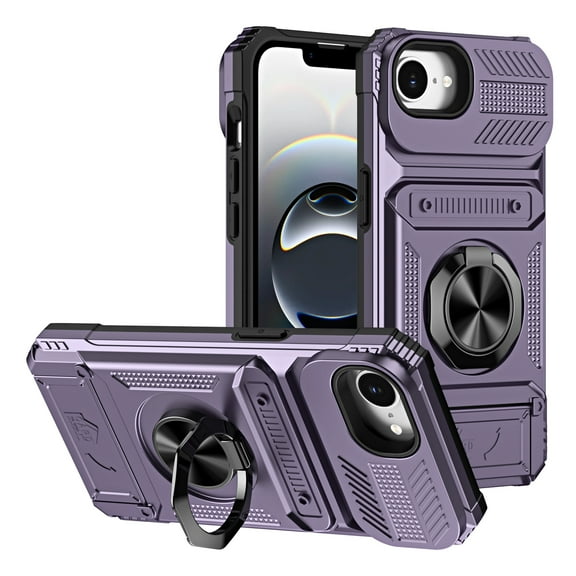 Designed for iPhone 16e Case Hidden with Card Holder & 360 Ring Stand/Kickstand, Hard PC + Soft TPU [Drop Protection] Heavy Duty Rugged Protective Cover For iPhone 16e, Violet