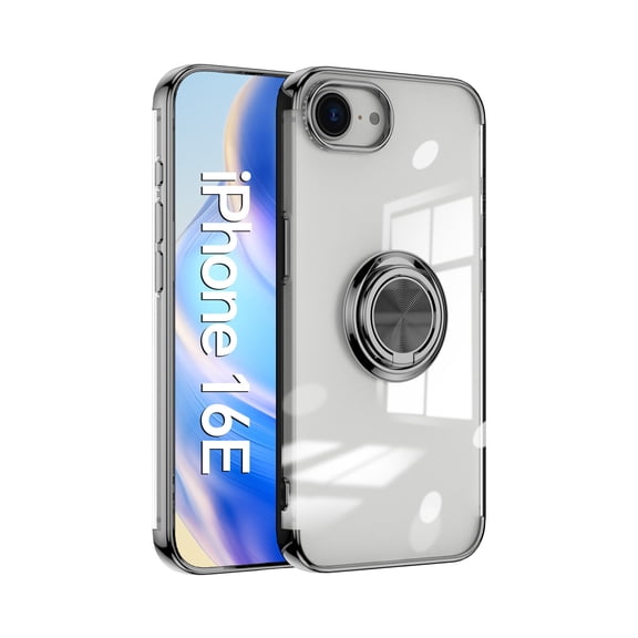 Designed for iPhone 16e Case with Ring Stand, 360° Rotatable Holder Support Magnetic Car Mount Soft TPU Plating Shockproof Clear Rubber Phone Case For iPhone 16e,Black