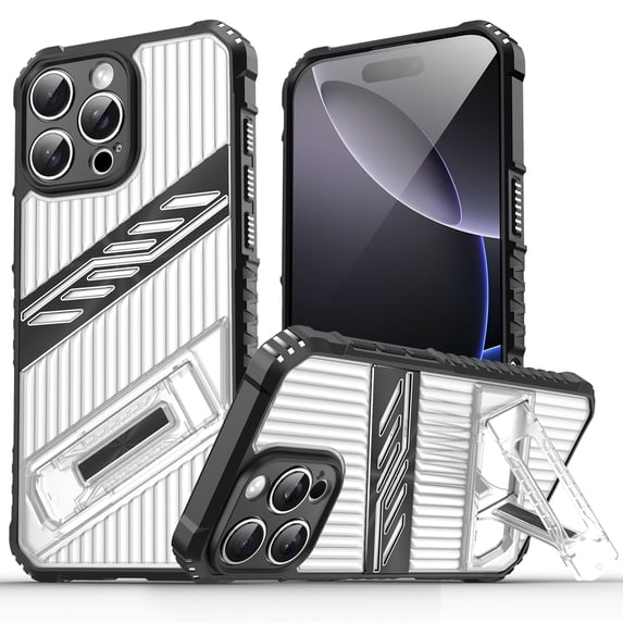 Designed for iPhone 16e Case with Stand, Mil-Grade Drop Protection Adjustable Kickstand Ultra Slim Shockproof Hard PC Soft TPU Clear Portable Phone Case Cover for iPhone 16e, Black