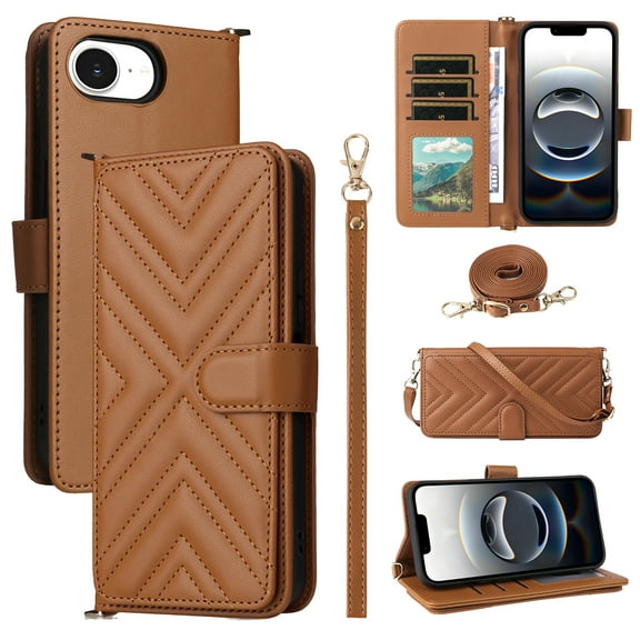 Designed for iPhone 16e Case Wallet,Women Crossbody Flip Cover RFID Bloking PU Leather Stand Credit Card Holders Slots Wrist Strap Phone Case For iPhone 16e, Brown