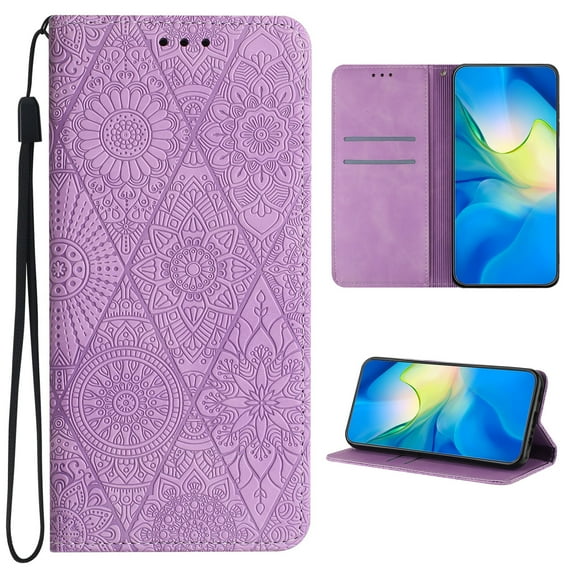 Designed for iPhone 16e Case Wallet, Women Flip Folio Cover with Embossed PU Leather Stand Credit Card Holders Slots Wrist Strap Rugged Magnetic Phone Case for iPhone 16e - Purple