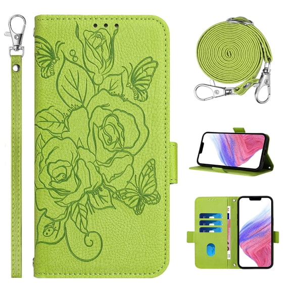 Designed for iPhone 16e Case Wallet, Women Flip Folio Cover with Embossed PU Leather Stand Credit Card Holders Slots Wrist Strap + Shoulder Strap Phone Case, RFID Blocking, Green