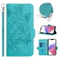 thumbnail image 1 of Designed for iPhone 16e Case Wallet, Women Flip Folio Cover with Embossed PU Leather Stand Credit Card Holders Slots Wrist Strap + Shoulder Strap Phone Case, RFID Blocking, Blue, 1 of 12