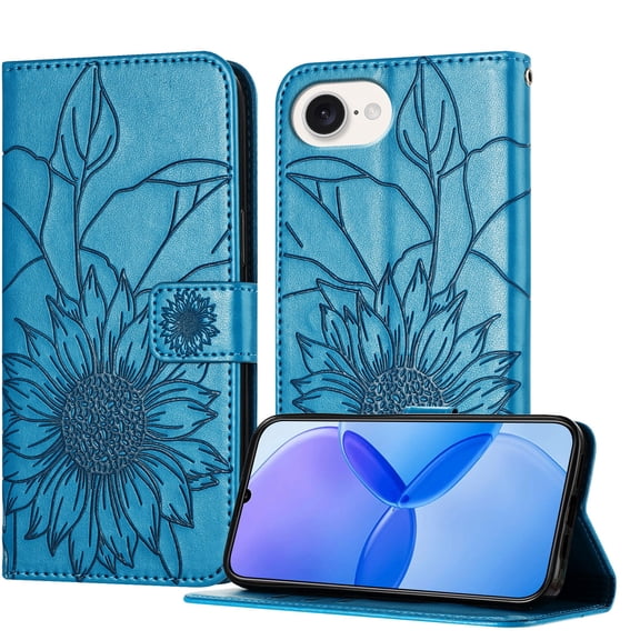 Designed For iPhone 16e Flip Phone Case,Flip Folio Cover with Credit Card Holders Emboss Sunflower PU Leather Purse Kickstand Shockproof A nti-fall Ultra Slim Phone Case,Blue