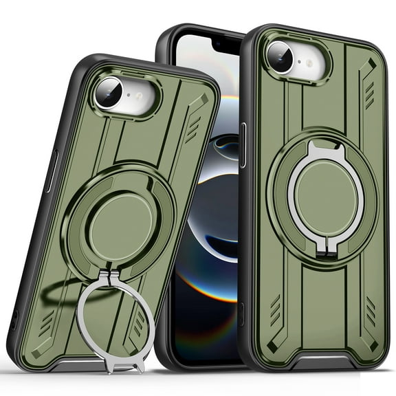 Designed for iPhone 16e Magnetic Phone Case,Compatible with Mag-Safe,360° Spin Contractile Ring Kickstand,Heavy Duty Shockproof Anti-fall Dropproof Tough Rugged Phone Case,Armygreen