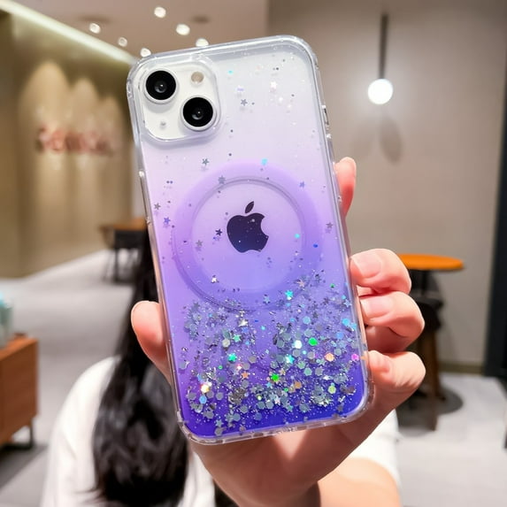 Designed for iPhone 16e Magnetic Phone Case for Women Girls,Compatible with Mag-safe,Gradient Clear Glitter Cute Girly Sparkly Bling Shockproof Thin Fit Rugged Phone Case,Purple