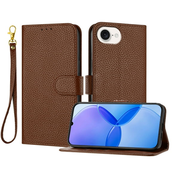 Designed For iPhone 16e Wallet Phone Case,Flip Folding Kickstand,Stylish Litchi PU Leather Design,With Card Slots,Wrist Strap,Shockproof Drop Proof Rugged Phone Case Cover,Brown
