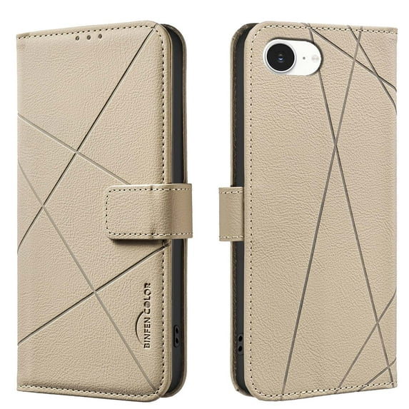 Designed for iPhone 16e Wallet Phone Case,Premium Line Embossing PU Leather Magnetic Flip Folio Case with RFID Blocking Credit Card Slots,With Kickstand,Shockproof Phone Case,Beige