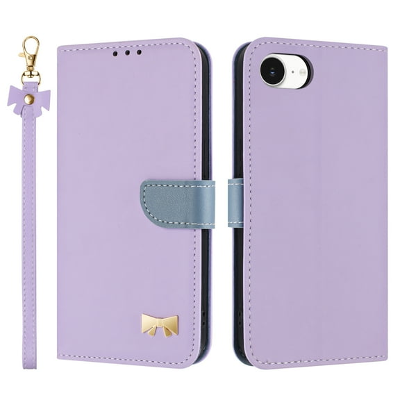 Designed for iPhone 16e Wallet Phone Case,With Card Slots,Metal Bowknot PU Leather Flip Folio Kickstand,with Shoulder Strap&Wrist Strap,Shockproof Anti-fall Phone Case,Purple