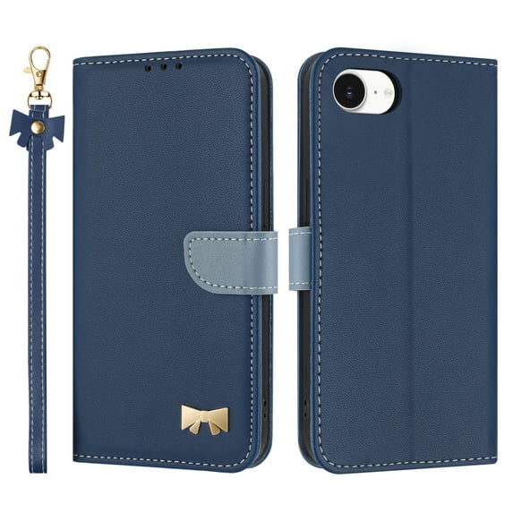 Designed for iPhone 16e Wallet Phone Case,With Card Slots,Metal Bowknot PU Leather Flip Folio Kickstand,with Shoulder Strap&Wrist Strap,Shockproof Anti-fall Phone Case,Darkblue