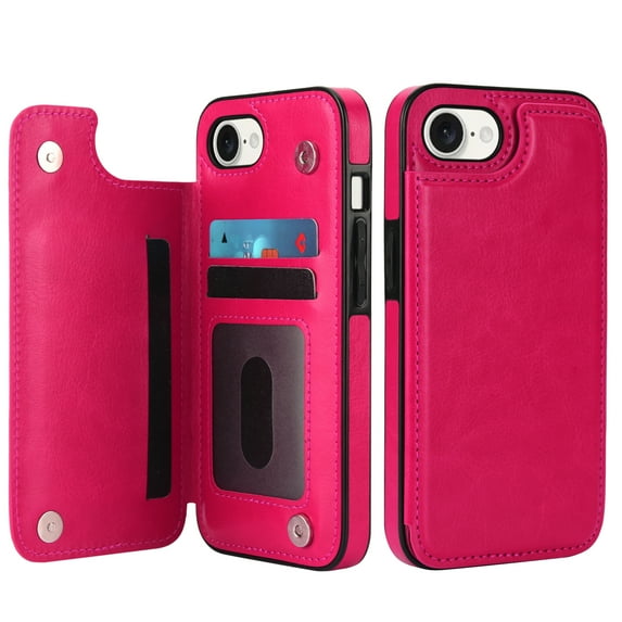 Designed for iPhone 16e Wallet Phone Case,With Card Slots,PU Leather Back Folio Flip Kickstand,Double Magnetic Clasp and Durable Shockproof Rugged Anti-fall Phone Case,Rose
