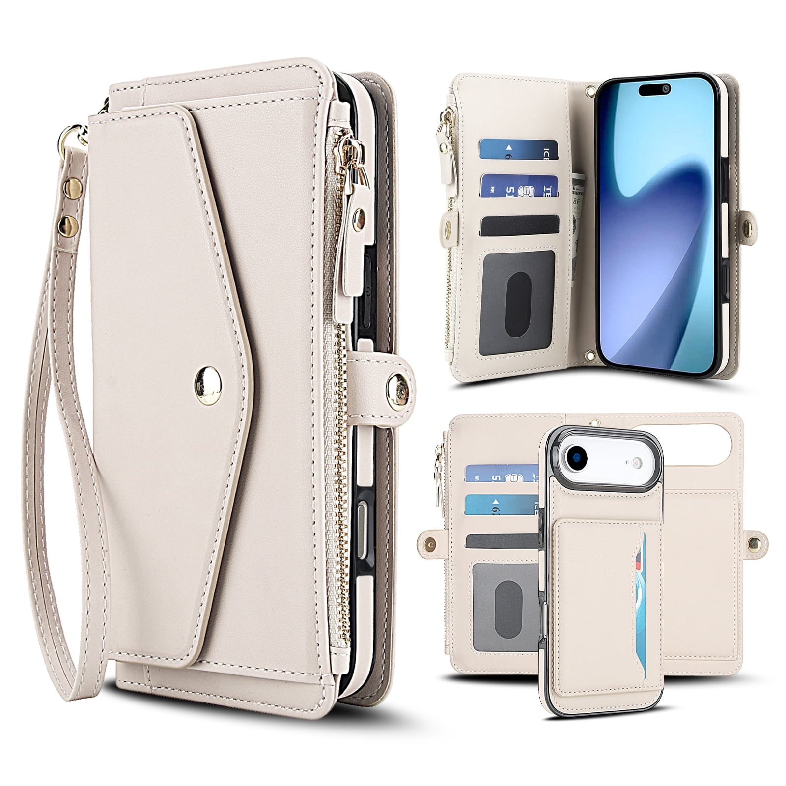 Designed for iPhone 17 Air Multi-Function Wallet Phone Case,With Shoulder Strap&Wrist Strap,Cash Pocket&Card Slots,Zipper Purse,Magnetic Detachable PU Leather Flip Phone Case,White