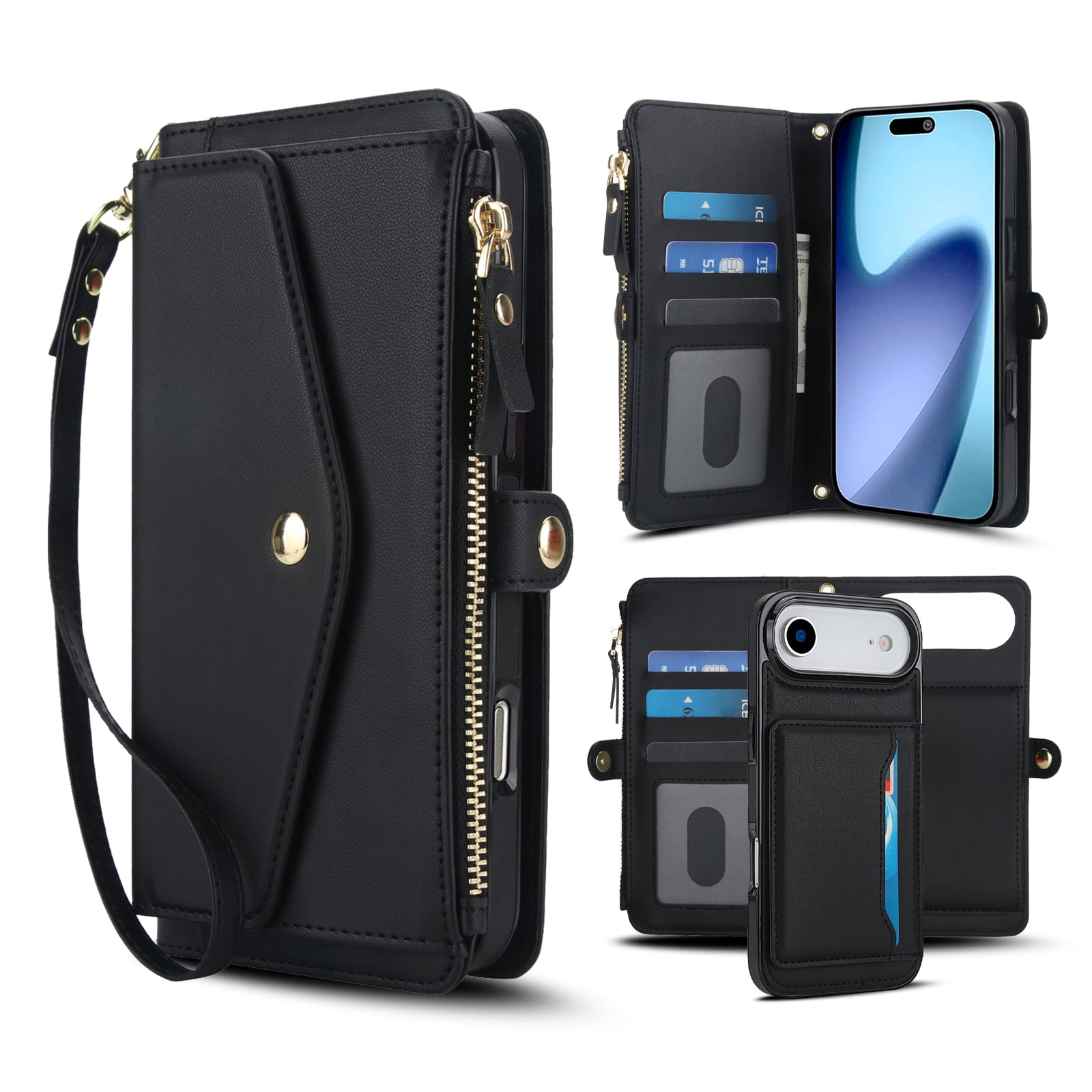 Designed for iPhone 17 Air Multi-Function Wallet Phone Case,With Shoulder Strap&Wrist Strap,Cash Pocket&Card Slots,Zipper Purse,Magnetic Detachable PU Leather Flip Phone Case,Black