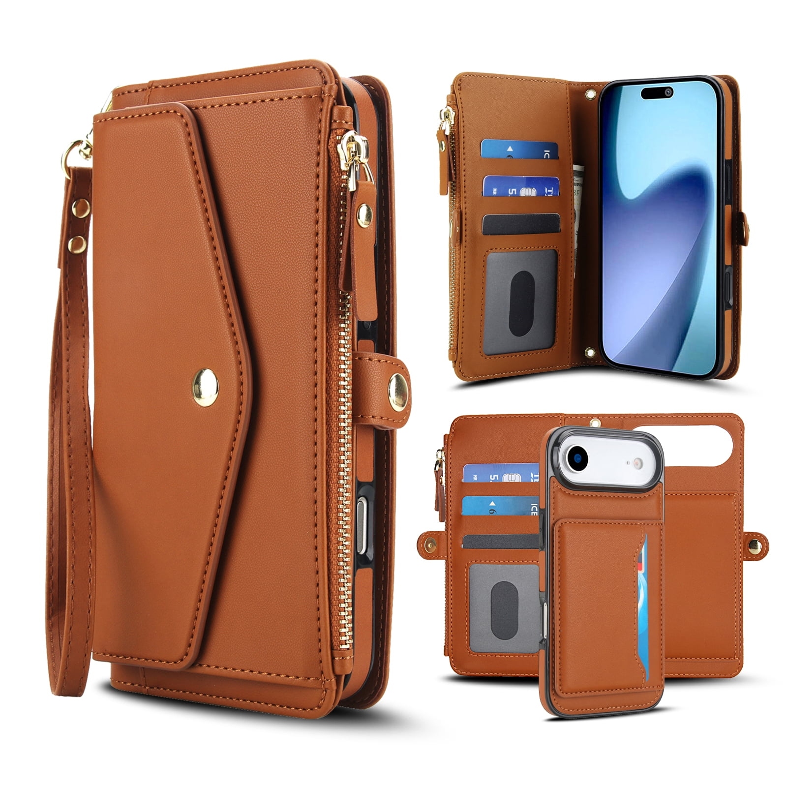 Designed for iPhone 17 Air Multi-Function Wallet Phone Case,With Shoulder Strap&Wrist Strap,Cash Pocket&Card Slots,Zipper Purse,Magnetic Detachable PU Leather Flip Phone Case,Brown