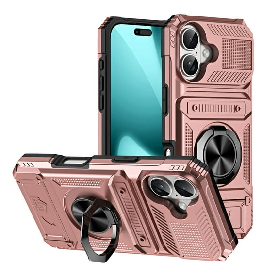 Designed for iPhone 17 Card Holder Case with 360°Rotatable Ring Holder Kickstand,2-Layer Heavy Duty Magnetic Car Mount Shockproof Rugged Hybrid Hard PC Soft Rubber Case,Rosegold
