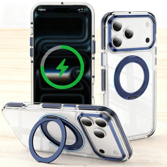 Designed for iPhone 17 Case with 360° Rotatable Ring Stand [Compatible with Mag-Safe] Clear Non-Yellowing Transparent Slim Magnetic Phone Cover for iPhone 17 Women Men, Darkblue