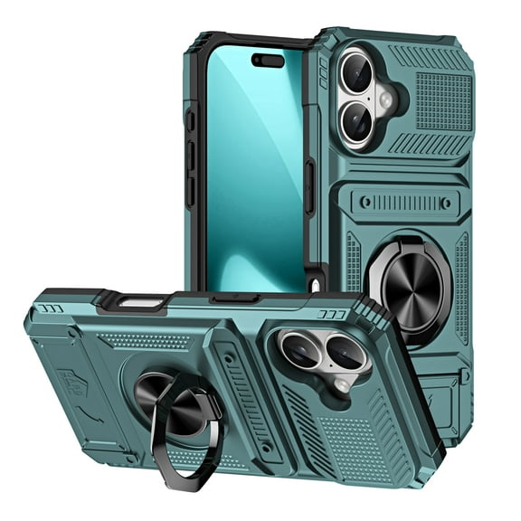 Designed for iPhone 17 Case Hidden with Card Holder & 360 Ring Stand/Kickstand, Hard PC + Soft TPU [Drop Protection] Heavy Duty Rugged Protective Cover For iPhone 17, Green