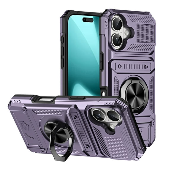 Designed for iPhone 17 Case Hidden with Card Holder & 360 Ring Stand/Kickstand, Hard PC + Soft TPU [Drop Protection] Heavy Duty Rugged Protective Cover For iPhone 17, Violet