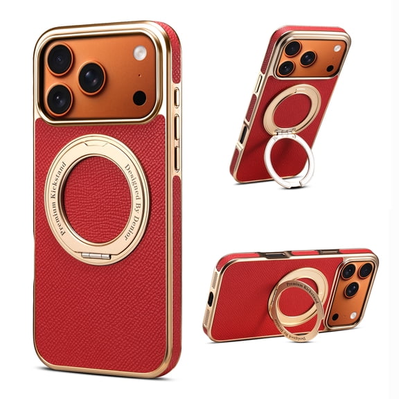 Designed for iPhone 17 Case with Ring Holder Stand, PU Leather Hybrid PC + Metal Phone Case Support Magnetic Car Mount, Military Grade Protection with Ring Grip for iPhone 17, Red