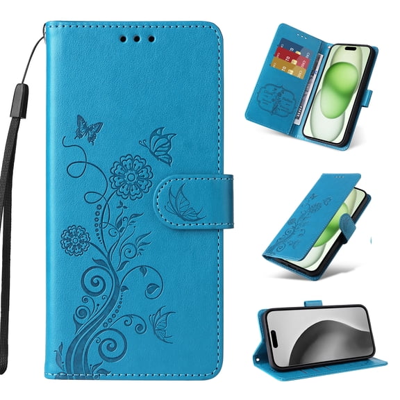 Designed for iPhone 17 Case Wallet, Women Flip Folio Cover with Flower Bufferflies Embossed PU Leather Stand Credit Card Holders Slots Wrist Strap for iPhone 17 - Blue
