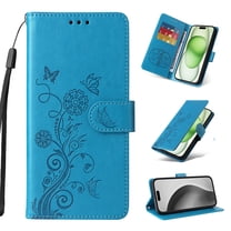 Designed for iPhone 17 Case Wallet, Women Flip Folio Cover with Flower Bufferflies Embossed PU Leather Stand Credit Card Holders Slots Wrist Strap for iPhone 17 - Blue