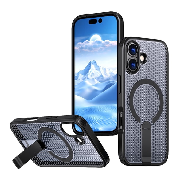 Designed For iPhone 17 Magnetic Phone Case,3D Hollow Mesh Heat Dissipation Design,With Contractile Kickstand,Compatible with Mag-safe,Breathable Cooling Shockproof Phone Case,Black