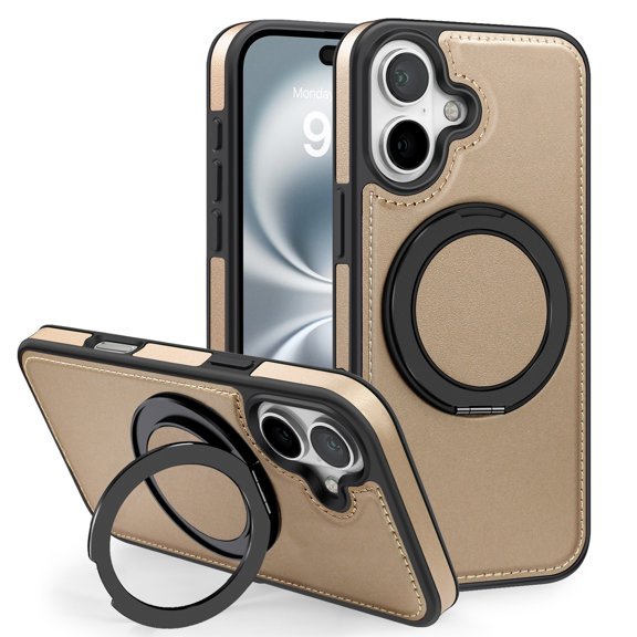 Designed for iPhone 17 PU Leather Case, [Compatible with MagSafe] with Stand, Shockproof Back Slim Protective Phone Case for Men Women for iPhone 17, Desertgold