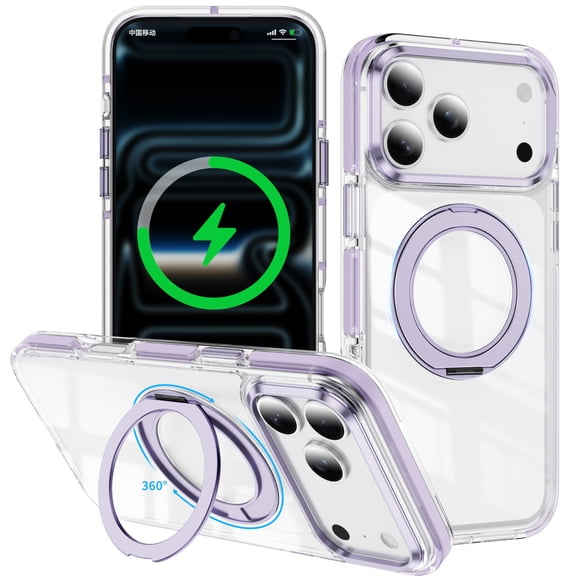 Designed For iPhone 17 Phone Case,360°Rotatable Ring Kickstand,Crystal Transparent Back,Shockproof Military-Grade Protection,Anti-fall Durable Thin Fit Two-color Phone Case,Purple