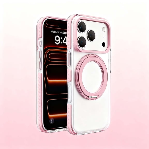 Designed For iPhone 17 Phone Case,With 360° Rotatable Ring Kickstand,Compatible with Mag-Safe,Transparent Back,Ultra Slim Shockproof Anti-fall Drop Protection,Thin Phone Case,Pink