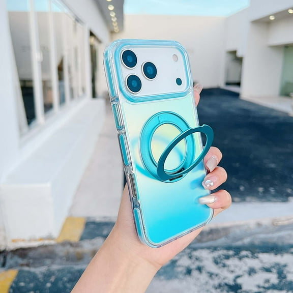 Designed for iPhone 17 Phone Case,With Contractile Ring Kickstand,Color-changing Glossy Back,Ultra Slim Shockproof Anti-Scratch Iridescent Translucent Durable Phone Case,Blue