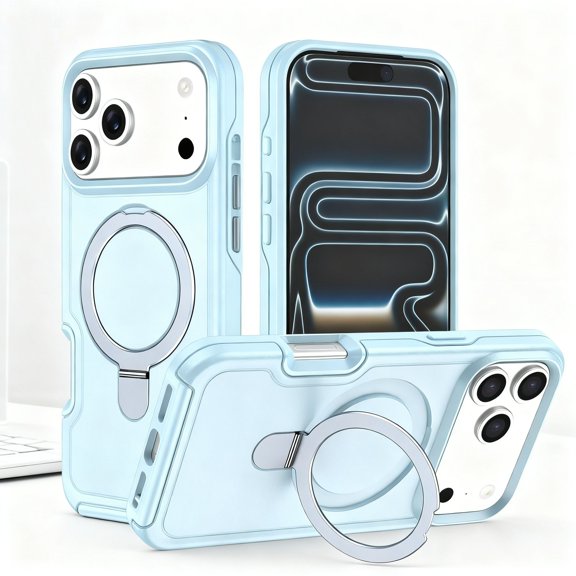 Designed For iPhone 17 Phone Case,With Contractile Ring Kickstand,Heavy Duty Shockproof Anti-fall Drop Protection,Durable Rugged Thin Fit Rugged Anti-scratch Phone Case Cover,Iceblue