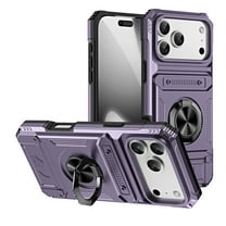 Designed for iPhone 17 Pro Card Holder Case with 360°Rotatable Ring Holder Kickstand,2-Layer Heavy Duty Magnetic Car Mount Shockproof Rugged Hybrid Hard PC Soft Rubber Case,Violet