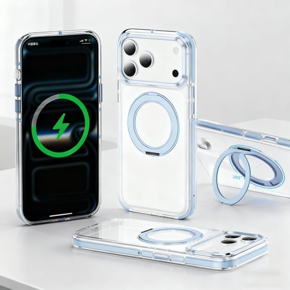 Designed for iPhone 17 Pro Case with 360° Rotatable Ring Stand [Compatible with Mag-Safe] Clear Non-Yellowing Transparent Slim Magnetic Phone Cover for iPhone 17 Pro Women Men, Lightblue