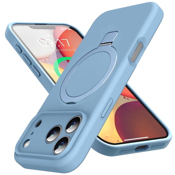 JETeacka Designed for iPhone 17 Pro Case with Magnetic Invisible Stand, [Compatible with Mag-Safe]Liquid Silicone Shockproof Cover with Anti-Scratch Microfiber Lining, Sky Blue