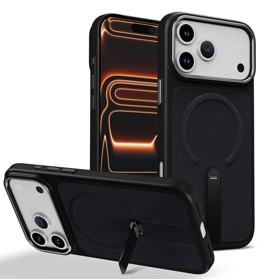 Designed for iPhone 17 Pro Case, Tech Fabric + PC + Metal Material, 360° Rotating Adjustable Bracket Shockproof Drop Protective Ultra Slim Lightweight Phone Case Cover, Blackpurple