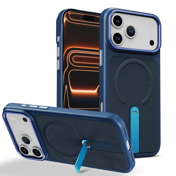 Designed for iPhone 17 Pro Case, Tech Fabric + PC + Metal Material, 360° Rotating Adjustable Bracket Shockproof Drop Protective Ultra Slim Lightweight Phone Case Cover, Blue