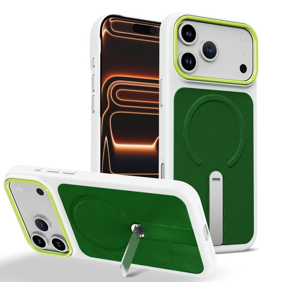 Designed for iPhone 17 Pro Case, Tech Fabric + PC + Metal Material, 360° Rotating Adjustable Bracket Shockproof Drop Protective Ultra Slim Lightweight Phone Case Cover, Whitegreen