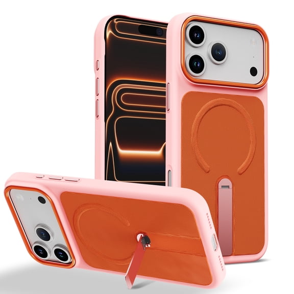 Designed for iPhone 17 Pro Case, Tech Fabric + PC + Metal Material, 360° Rotating Adjustable Bracket Shockproof Drop Protective Ultra Slim Lightweight Phone Case Cover, Pinkorange