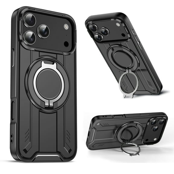 Designed for iPhone 17 Pro Magnetic Hard Case, Compatible with Magsafe, Rugged 360 Rotating Ring Kickstand Heavy Duty Shockproof Protection Phone Case for iPhone 17 Pro Cover, Black