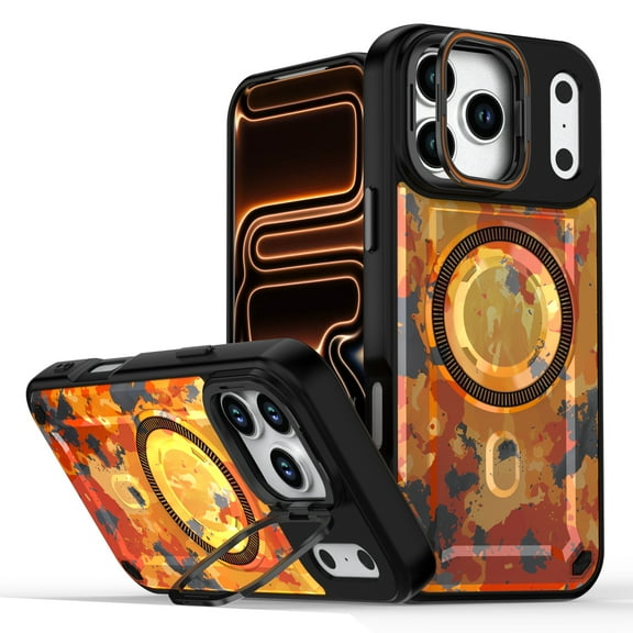 Designed For iPhone 17 Pro Magnetic Phone Case,Compatible with Mag-safe,Camouflage Print Back Design,Heavy Duty Shockproof Drop Protection,With Lens Ring Kickstand,Durable Phone Case,D