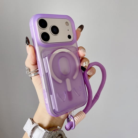 Designed for iPhone 17 Pro Magnetic Phone Case,Magnetic Detachable Card Holder,Compatible with Mag-Safe,with Wrist Strap,Shockproof Frosted Translucent Skin-feel Thin Fit Phone Case,Purple