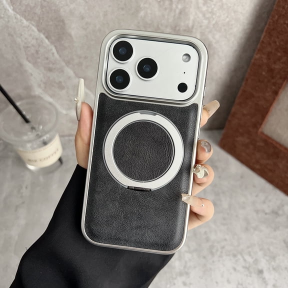Designed for iPhone 17 Pro Max Case Compatible with Mag-Safe Kickstand PU Leather Slim Classic Luxury Elegant Slim Plating Protective Cover with Rotated Ring Stand for iPhone 17 Pro Max, Black